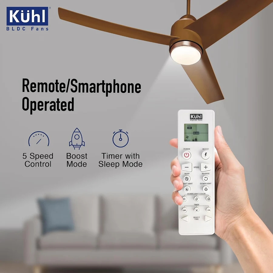 Supplied Kühl RF remote with power, boost, speed, sleep, reverse, downlight and timer controls